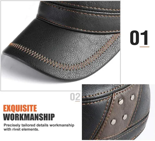 Vista 5 de Sumolux Gorra de cuero para hombre de invierno con orejeras militares cadete ejército sombrero superior plano