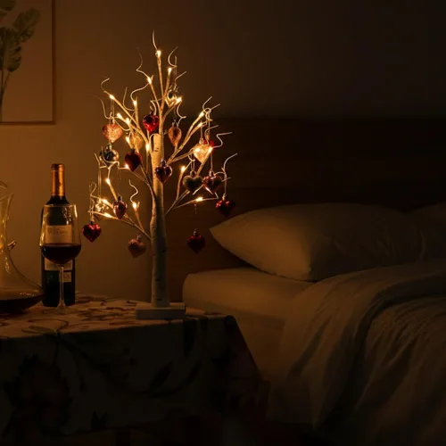 Vista 7 de Árbol de abedul iluminado para el día de San Valentín con adornos de corazón, lámpara LED romántica de árbol de ramita de abedul de mesa, 24 luces