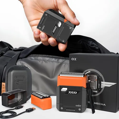 Vista 6 de Maquinilla de afeitar eléctrica para hombres, mini afeitadora de aluminio con 3 cuchillas, USB-C, recargable, impermeable, inalámbrica, con estuche