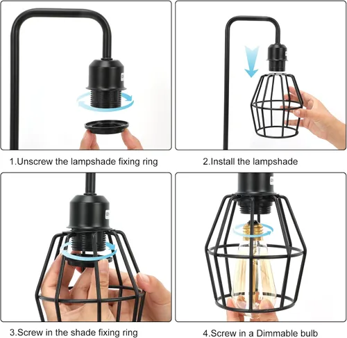 Vista 5 de Juego de 2 lámparas de mesa industriales regulables, modernas lámparas de noche negras con puertos de carga USB A+C y salida de CA, lámpara