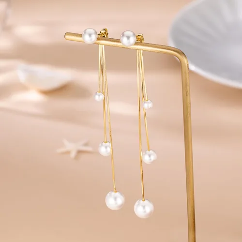 Vista 4 de SLUYNZ Aretes colgantes de plata de ley con perlas para mujeres, adolescentes, aretes colgantes de boda con borla larga B-amarillo