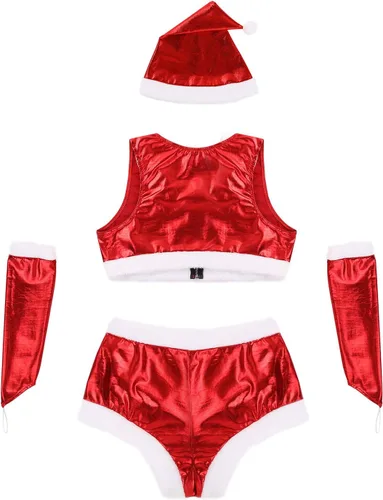 Vista 6 de Disfraz de Navidad de 4 piezas para mujer, disfraz de Papá Noel, disfraz de bebé de Papá Noel caliente