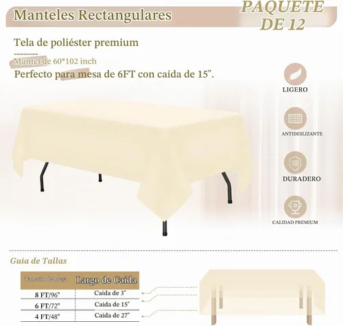 Vista 2 de Paquete de 12 manteles rectangulares beige para mesas de 6 pies de 60 x 102 pulgadas, manteles impermeables beige a granel para bodas, poliéster