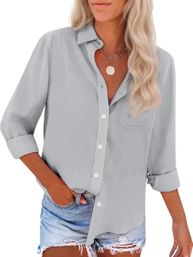 Vista 20 de Camisas de algodón con botones, para mujer, camisas de vestir Oxford, camisas de trabajo de manga larga, blusas con cuello y bolsillo