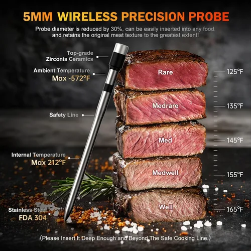 Vista 4 de Termómetro de carne inalámbrico, termómetro digital Bluetooth de 800 pies con aplicación inteligente, temperatura precisa mejorada en un 100%