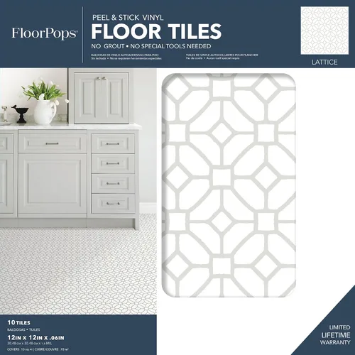 Vista 2 de FloorPops FP2946 Azulejos de Suelo Adhesivos con Diseño de Celosía, Blanco y Blanquecino