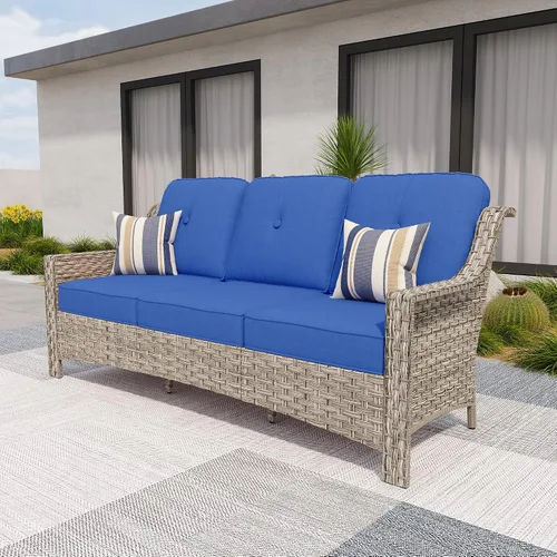 Vista 31 de HOOOWOOO Sofá de patio de 3 plazas de mimbre para exteriores, resistente a todo tipo de clima, con respaldo alto, muebles a juego (beige y bronceado)