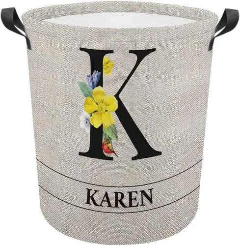 Vista 14 de Cesta de lavandería con inicial floral personalizada, monograma, nombre personalizado, flores y pájaros, cesta de ropa plegable de tela, caja