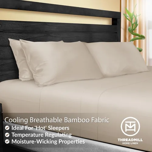 Vista 7 de Threadmill Juego de sábanas de rayón de bambú para cama de tamaño matrimonial, 4 piezas refrescantes color beige, suaves como la seda, ligeras