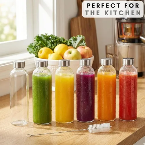 Vista 3 de Brieftons Botellas de agua de vidrio transparente con tapas: paquete de 6, lima de soda premium de 18 onzas, botella de bebida reutilizable, tarro