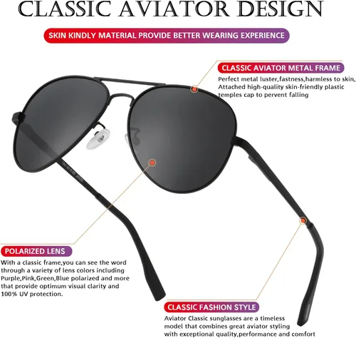 Vista 5 de PORADAY - Lentes de sol polarizados para hombres y mujeres con estilo aviador, armazón de metal, 100% protección UV400, 58 mm