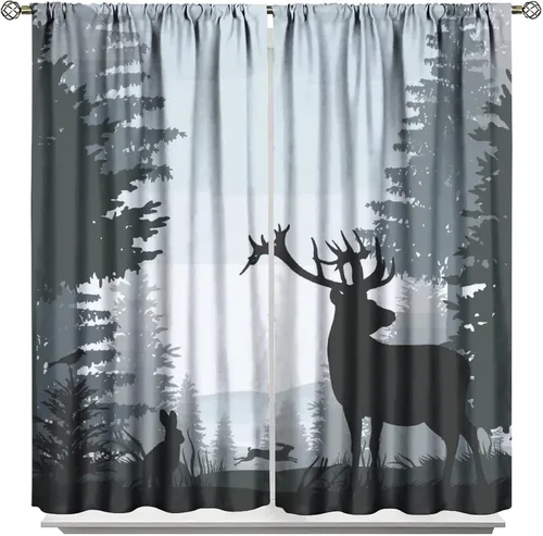 Vista 43 de Cortinas opacas con diseño de ciervos, bosque brumoso, rústico, vida silvestre, alce, montaña, pájaros, pino, bosque, cortinas de ventana