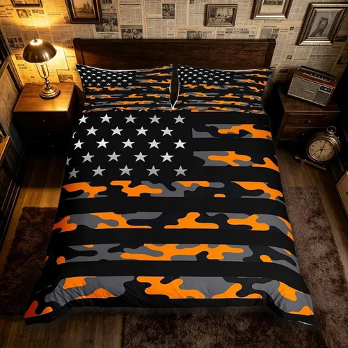 Vista 46 de Funda de edredón con bandera estadounidense de camuflaje, tamaño individual, silueta de ciervo y árboles grises, funda de edredón de estilo natural
