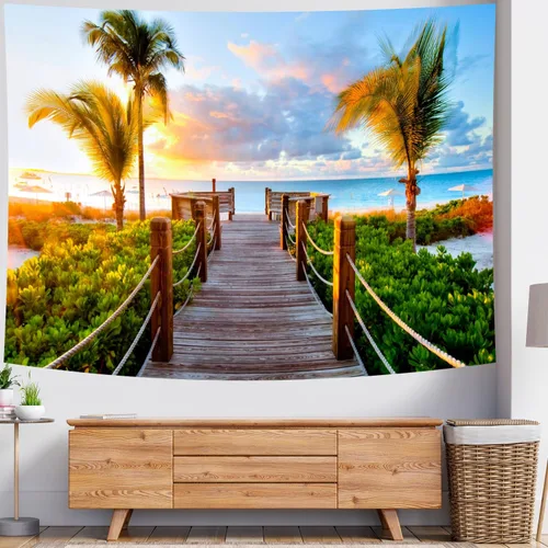 Vista 3 de Delur Tapiz de playa y puesta de sol tropical, palmera, costero, tapiz para colgar en la pared, paisaje natural, cabecero psicodélico escénico