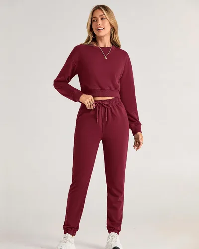 Vista 52 de BTFBM Conjunto deportivo de 2 piezas para mujer, camiseta corta de manga larga, sin botones, pantalón con cordón ajustable, pantalones deportivos