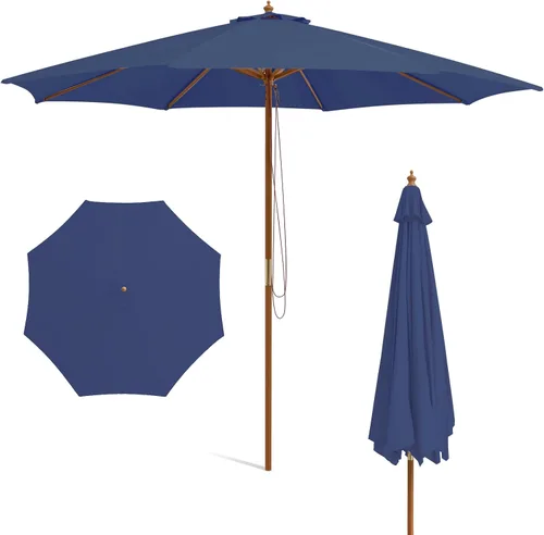Vista 11 de HAPPYGRILL Sombrilla de patio de 9 pies, sombrilla de mercado para mesa al aire libre con 8 varillas de bambú resistentes, poste de madera, toldo