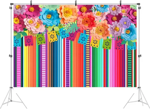 Vista 2 de Ticuenicoa Telón de fondo de fiesta mexicana de 6 x 4 pies, fondo de fiesta con diseño de flores de cinco de mayo, para fotos, rayas florales