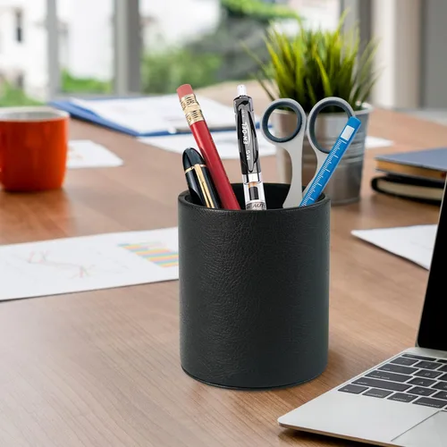 Vista 5 de PU Leather Pencil Pen Holder Cup Stand,Desk Accessories Holder,Makeup Brush Storage Organizer,Desktop Stationery Organizer for Office School Home