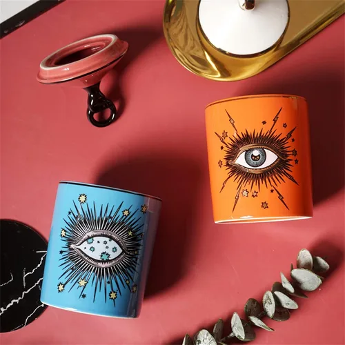 Vista 6 de Gran tarro de vela aromática de cielo estrellado con tapa de ojos, tarro de cerámica Makecup, soporte para hisopos de algodón, decoración del hogar