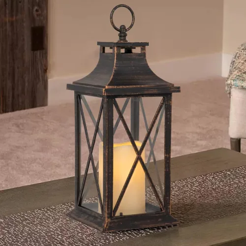 Vista 6 de YAKii Farol vela decorativo de 14 pulgadas, sin llama, con temporizador LED de plástico, para colgar en interiores y exteriores, decoración del día