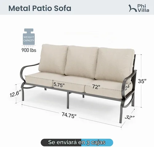 Vista 3 de PHI VILLA Sofá de metal para patio con cojín impermeable extra grueso de 5.75 pulgadas, asiento profundo de 3 plazas y respaldo alto, sofá