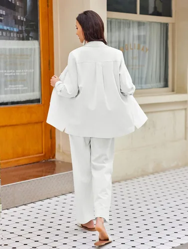 Vista 3 de Zeagoo Traje de lino para mujer, conjunto de dos piezas, camisa y pantalones de lino para verano