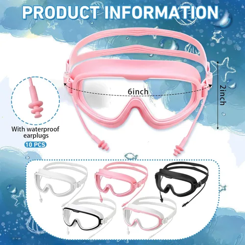 Vista 2 de Paquete de 10 gafas de natación de verano para adultos a granel con tapones para los oídos, visión amplia, antiniebla, sin fugas, protección