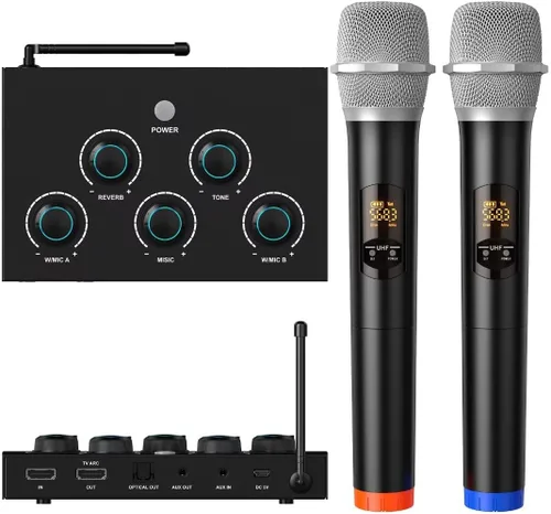 Vista 8 de DIGITNOW! Set de sistema de micrófono mezclador de karaoke portátil, con micrófono inalámbrico UHF dual, HDMI-ARC/Óptico/AUX e HDMI