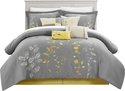 Vista 14 de Chic Home, set de cama de 8 unidades, colcha bordada con diseño floral., Microfibra, Amarillo, King