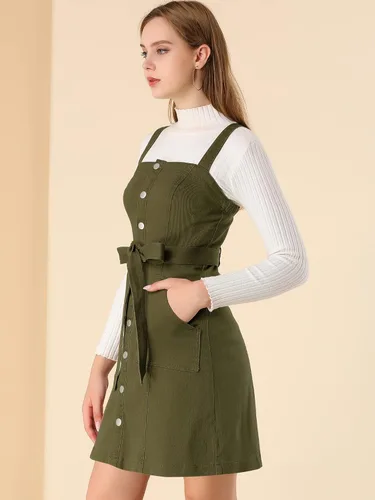 Vista 2 de Allegra K Vestido de mezclilla clásico para mujer, con correa ajustable, acampanado, vestido de mezclilla