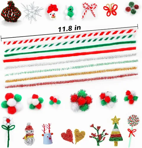 Vista 3 de Limpiadores de tubería de Navidad, juego de 700 piezas para manualidades que incluye 200 piezas de limpiadores de tubería, 400 piezas de pompones