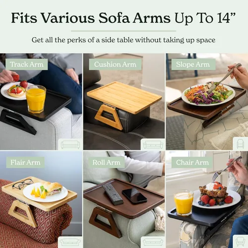 Vista 6 de Shamrock Home Mesa Bandeja de Bambú para Brazo de Sofá, Mesa Bandeja con Clip para Sofás. Bandeja de Brazo de Sofá para Cenas de TV, Controles