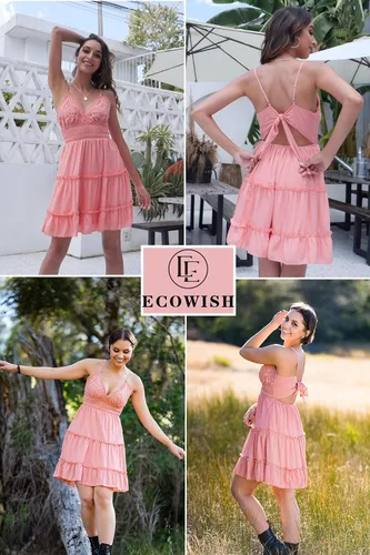 Vista 7 de ECOWISH Vestido corto sin mangas para mujer diseño al vuelo estilo patinadora escote en V tirantes delgados encaje y lazo de atar espalda descubierta