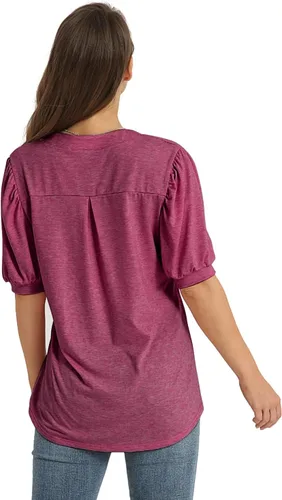 Vista 4 de YESNO Camisas de manga corta para mujer, estilo casual, cuello en V, blusas elegantes de manga abombada, TY0