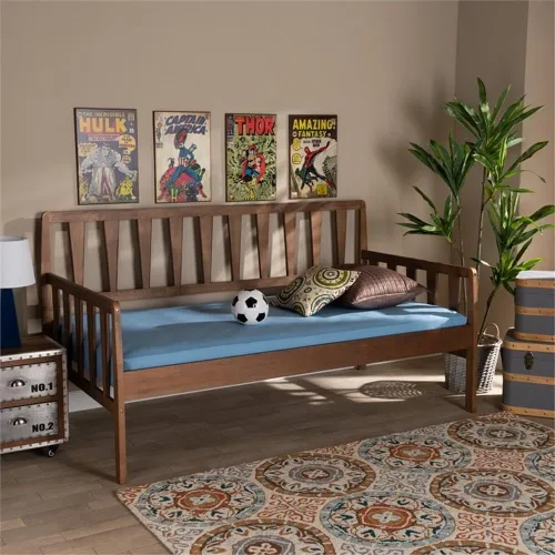 Vista 2 de Baxton Studio Midori - Sofá cama de madera con acabado marrón nogal moderno y contemporáneo