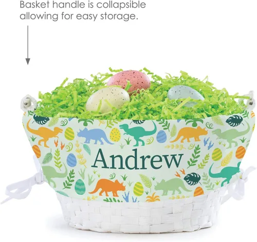 Vista 6 de Cesta de huevo de Pascua personalizada con patrón de dinosaurio con asa y nombre personalizado, forros de canasta de Pascua verdes, canasta blanca