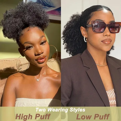 Vista 3 de Cola de caballo de cabello humano afro para mujeres negras, con cordón, 150 % de densidad, cabello virgen rizado 10A, extensiones de cabello 4C