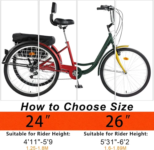 Vista 2 de Triciclo para adultos de 24/26 pulgadas, 7 velocidades, triciclos de montaña de 3 ruedas, bicicletas de tres ruedas con cesta y asiento de respaldo