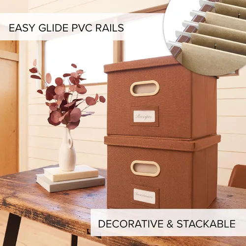 Vista 4 de ZICOTO Caja organizadora decorativa de archivos, juego de 2 archivadores plegables de lino con asas, perfectos para almacenar todos tus documentos