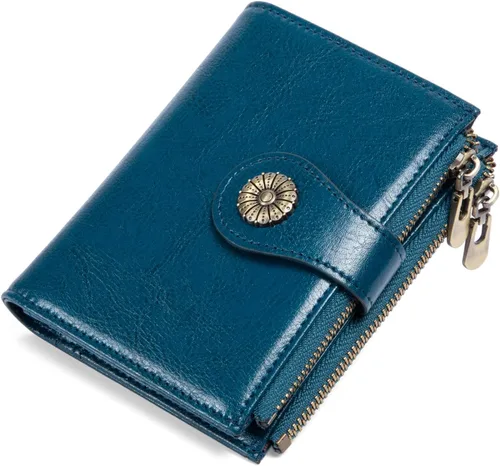Vista 15 de Cartera pequeña para mujer, con bloqueo RFID, de piel suave, plegable, compacta, tarjetero para mujer, con bolsillo con cremallera, color negro