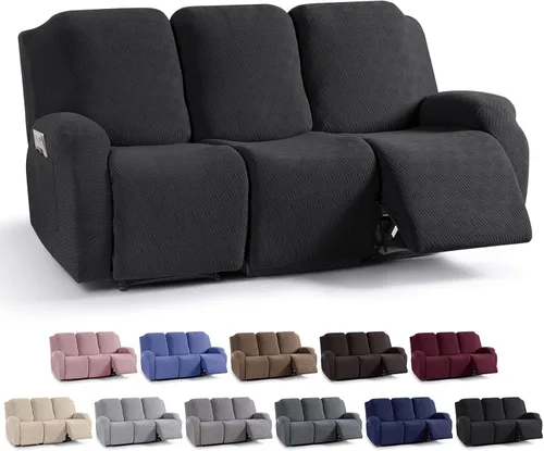 Vista 15 de KinCam Fundas para Reclinables, Fundas Elásticas para Sillas Reclinables, Fundas para Sofá Reclinable con Rayas Jacquard, Fundas Protectoras de Negro