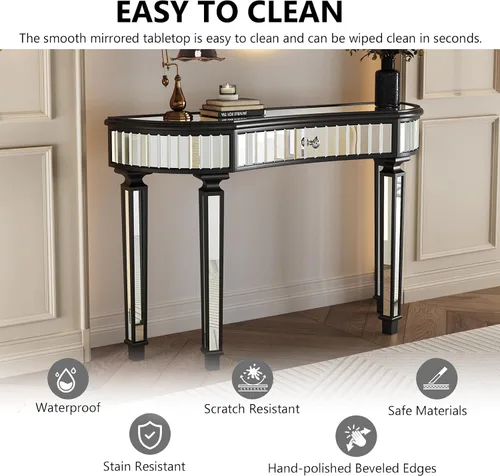 Vista 2 de Mesa Consola Negra con Espejo, Mesa de Sofá de Cristal Rectangular de 48 pulgadas con Elementos Tallados Vintage con Espejo, Muebles de Espejo