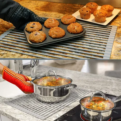 Vista 3 de iPEGTOP Escurreplatos de cocina en fregadero, inoxidable, en encimera o extensibles sobre el fregadero con soporte para utensilios negro, acero