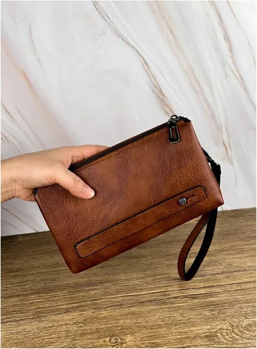Vista 5 de Bolso de mano retro para hombre, cartera de negocios, gran capacidad, doble compartimento, cremallera