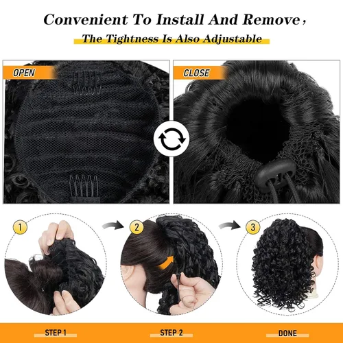 Vista 5 de PEACOCO Extensión de cola de caballo rizada con cordón para mujeres negras - Cola de caballo de 6 pulgadas con clip, postizo sintético de afro corto