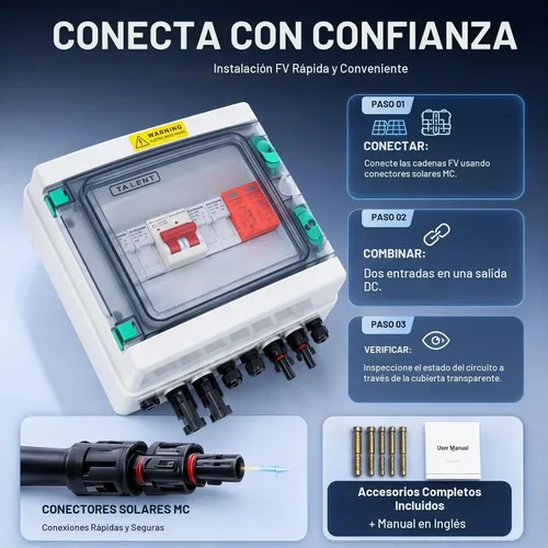 Vista 4 de Caja combinadora fotovoltaica, caja combinada solar de 2 cuerdas con fusible de corriente de 32 A, dispositivo de protección contra sobretensiones