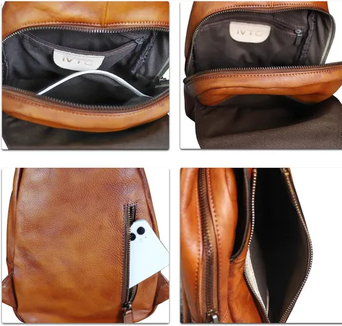 Vista 7 de Bolso bandolera de cuero genuino para hombres y mujeres, mochila vintage de cuero real, bolsa cruzada de hombro, bolsa de pecho