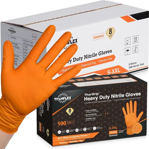 Vista 9 de Guantes industriales de nitrilo naranja resistente, 8 mil, guantes desechables sin látex con agarre de textura de diamante elevado, sin polvo