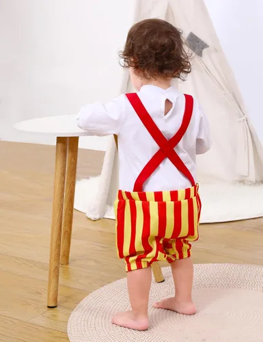 Vista 3 de COSLAND Disfraz de payaso para bebé niño, mameluco de circo con sombrero, 3-24 meses