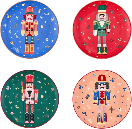 Vista 9 de Bico Juego de 4 platos de ensalada de gnomos de Navidad, platos de postre de cerámica de 8.75 pulgadas para ensalada, aperitivo, guarniciones